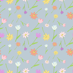 vector illustration seampless pattern of spring flowers on a blue-gray background