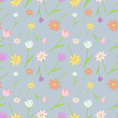 vector illustration seampless pattern of spring flowers on a blue-gray background