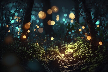 Obraz na płótnie Canvas Tropical and exotic night forest,Fairytale forest with mystical magic lights. Living greenery of the forest background environment,generative ai.