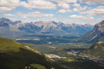 Alpine mountain landscape with snow-capped peaks and coniferous forest