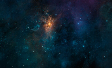 Space background. Colorful blue and violet nebula with star field and orange sun. Digital painting
