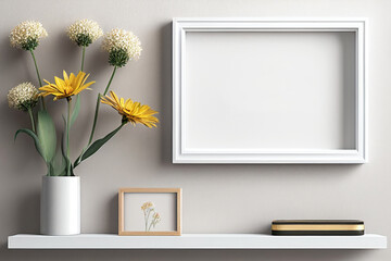 White scandi mock up wall with flowers, Generative AI