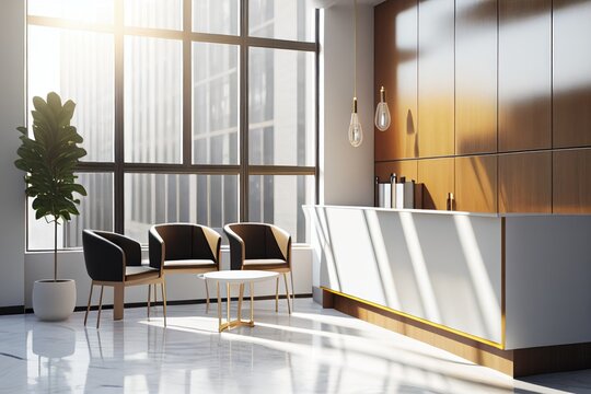 Waiting area interior with armchairs and golden sunset light from the window, Generative AI