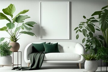 White sofa and a big mock up frame in modern living room, Generative AI