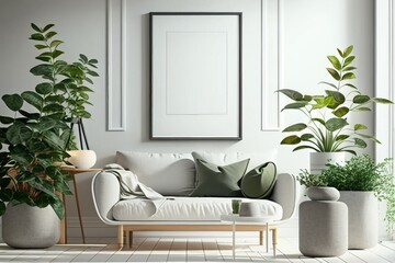 White sofa and a big mock up frame in modern living room, Generative AI