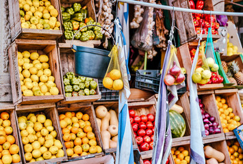 A variety of fruits on display for sale in an outdoor market in the old town of Montevideo, capital of Uruguay
