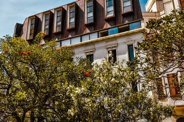 Montevideo, Uruguay - December 22, 2022: Traditional Spanish architecture in the old town of Montevideo, capital of Uruguay
