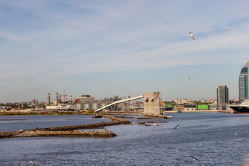 Montevideo, Uruguay - December 22, 2022: Shoreline industrial operations in the harbour of Montevideo, capital of Uruguay