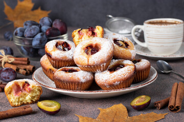 Homemade muffins with plums sprinkled powdered sugar on plate on brown background