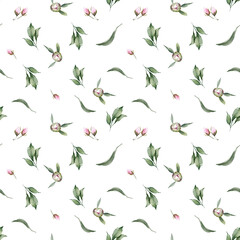 Seamless floral pattern with pink small little flowers on white background, watercolor. Template design for fabric, interior, clothes, wallpaper. Botanical art