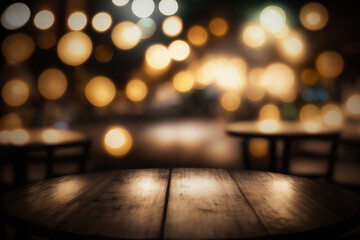 expositor estilo mesa de madeira em fundo de bar com luzes desfocadas  - obrazy, fototapety, plakaty