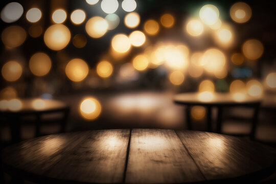 expositor estilo mesa de madeira em fundo de bar com luzes desfocadas 