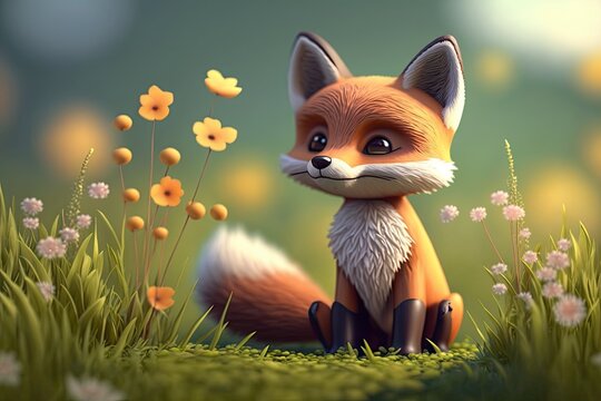 Cute Cartoon Fox Character in a Field of Spring Flowers (Created with Generative AI)