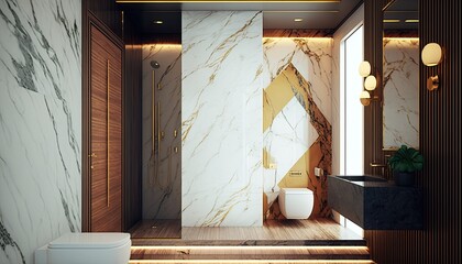 Obraz na płótnie Canvas Modern interior, luxury bathroom with shower, wooden wall, marble