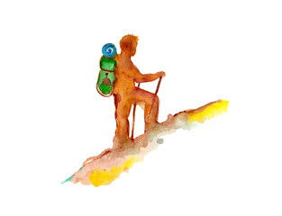 Hiking, walking, person watercolor illustration nature white background mountain theme image