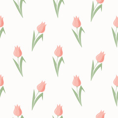 Seamless pattern of hand drawn tulips in pastel colours on isolated background. Design for mother&rsquo;s day, springtime and summertime celebration, scrapbooking, textile, home decor, paper craft.