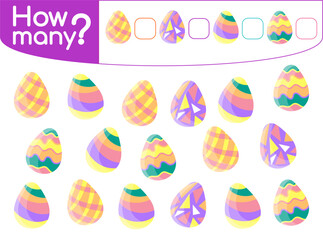 Counting game for preschool children vector illustration. Educational mathematical game. Count how many Easter eggs by colors and decor and write the result