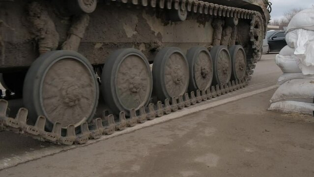 Ukraine. Infantry Fighting Vehicle going through a checkpoint. Close-up