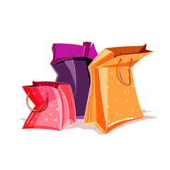 Colorful isolated paper bag on white background. Shopping flat cartoon vector illustration for poster, web design, banner, card, flyer, icon, logo or badge.