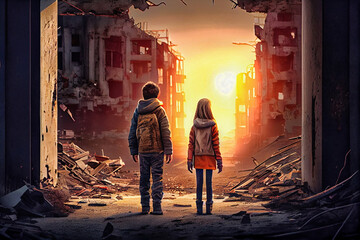 A boy and a girl holding hands, walking in a destroyed city. Generative AI.0