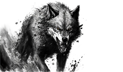 A drawing of an aggressive alpha black wolf showing his teeth, on white background. This is a digital art illustration, generative ai. 	