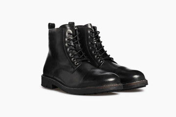 Black men's classic leather ankle boots isolated on white background. Pair of lace up business formal polished shoes for men, gentleman. Template, mock up