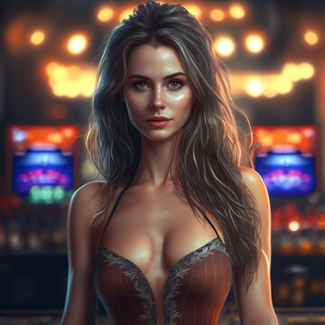 beautiful girl in a tank top beautiful hair beautiful facel in a casino, generative AI
