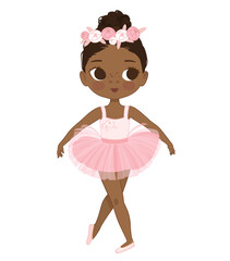 Cute Black Girl Ballerina Dancing. Little Ballerina in a Pink Tutu Dress and Rose Flowers Wreath. Vector, Adorable African American Girl in a pastel pink dress. Isolated