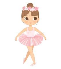 Cute Brown Hair Ballerina Girl Dancing. Little Ballerina in a Pink Tutu Dress and Rose Flowers Wreath. Vector, Adorable Girl in a pink dress. Isolated © FoxyImage