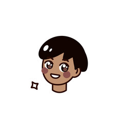 Cute kawaii dark skinned boy with dark hair. 
Boy head in toy cartoon style. Vector doodle illustration on white background.
