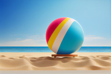 Fototapeta na wymiar Farbenfroher Spielspaß am Strand: Mit dem Wasserball in den Sommer - Generative Ai