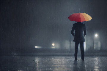 Rear view of man in black coat with umbrella walking in rain on city street in evening. Generative AI	