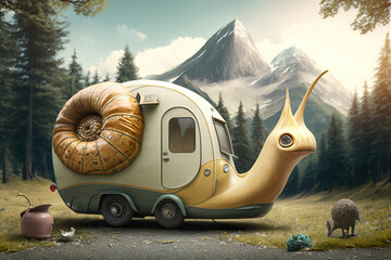 A snail in the form of a motorhome stopped at a campsite, concept of Campervan and Nature-inspired Design, created with Generative AI technology - obrazy, fototapety, plakaty