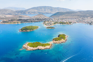 Obraz premium Ksamil beaches. Four islands. The bay. The Tetran Archipelago. Ksamil. Albania. Drone shooting. Aerial photography