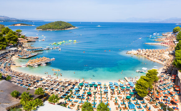 Ksamil beaches. Four islands. The bay. The Tetran Archipelago. Ksamil. Albania. Drone shooting. Aerial photography