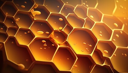 Honeycomb background. Abstract orange hexagons with drops of honey 