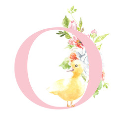 Watercolor Easter numbers, digit 0. Cute baby duck spring illustration, floral composition with peony, rose, spring greenery.  Botanical table numbers, wedding stationery card, save the date, rsvp,