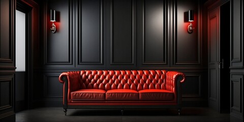 Luxury dark living room interior with red sofa mock up, modern interior background, empty black wall mockup, 3d illustration