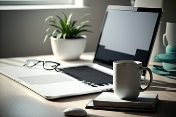Modern Workspace with Notebook, Office Desktop, Businessman Work Desk, Abstract Generative AI Illustration