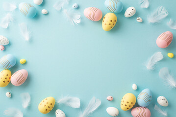 Easter decorations concept. Top view photo of colorful easter eggs and blue feathers on isolated pastel blue background with empty space in the middle