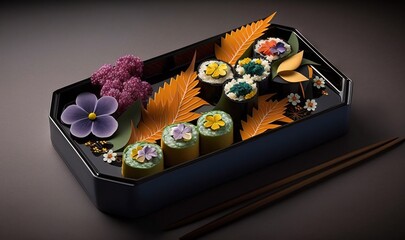  a tray of sushi with chopsticks and flowers.  generative ai