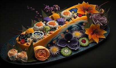  a colorful cake with flowers and sushi on a plate.  generative ai