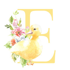 Watercolor Easter floral alphabet, cute duck spring letter E, flower bouquet illustration with peony, roses, spring greenery. Botanical monogram initials wedding stationery card, save the date, rsvp