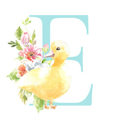Watercolor Easter floral alphabet, cute duck spring letter E, flower bouquet illustration with peony, roses, spring greenery. Botanical monogram initials wedding stationery card, save the date, rsvp