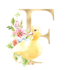 Watercolor Easter floral alphabet, cute duck spring letter F, flower bouquet illustration with peony, roses, spring greenery. Botanical monogram initials wedding stationery card, save the date, rsvp