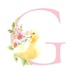 Watercolor Easter floral alphabet, cute duck spring letter G, flower bouquet illustration with peony, roses, spring greenery. Botanical monogram initials wedding stationery card, save the date, rsvp