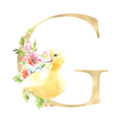 Watercolor Easter floral alphabet, cute duck spring letter G, flower bouquet illustration with peony, roses, spring greenery. Botanical monogram initials wedding stationery card, save the date, rsvp