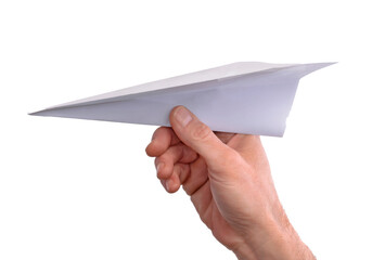 Hand hold paper airplane isolated on transparent layered background. - 572780530