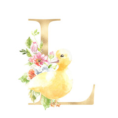 Watercolor Easter floral alphabet, cute duck spring letter L, flower bouquet illustration with peony, roses, spring greenery. Botanical monogram initials wedding stationery card, save the date, rsvp