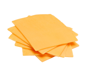 Sliced cheddar cheese isolated on transparent layered background.